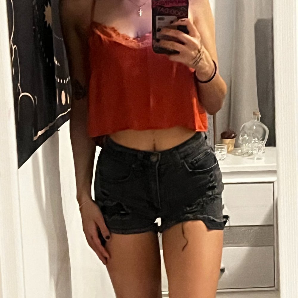 Peach Top with Denim Shorts